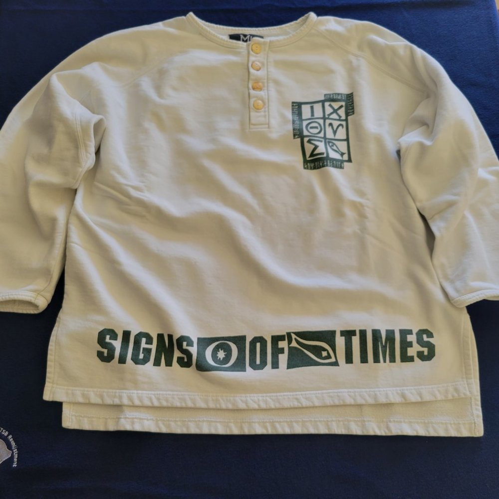 MigTenZer Men’s “Signs of Times” 4-Button Cotton Henley Sweatshirt – XL, Ivory